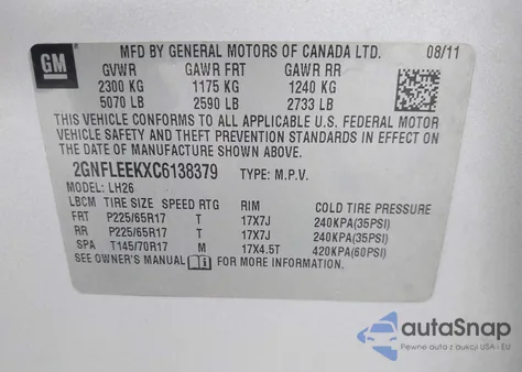 2012 Chevrolet Equinox 1Lt from USA, damaged, VIN 2GNFLEEKXC6138379